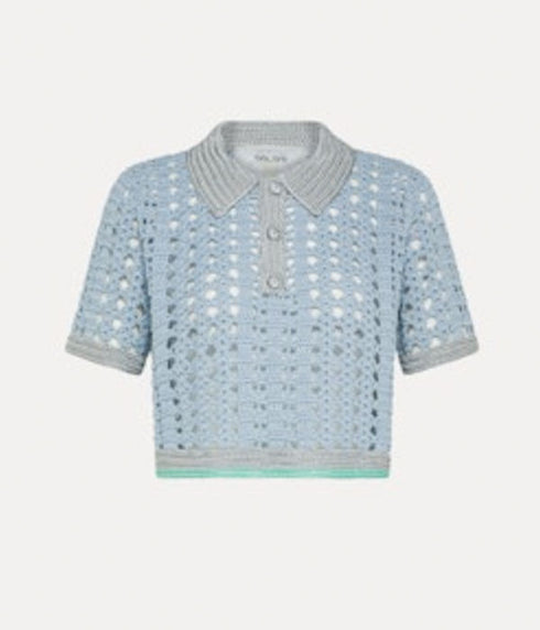 Cropped Polo Shirt In Crochet - Cielo